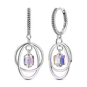 NEW 925 Silver Sugar Cube Crystal Double Ring Dangle Earrings | Modern Chic Gift